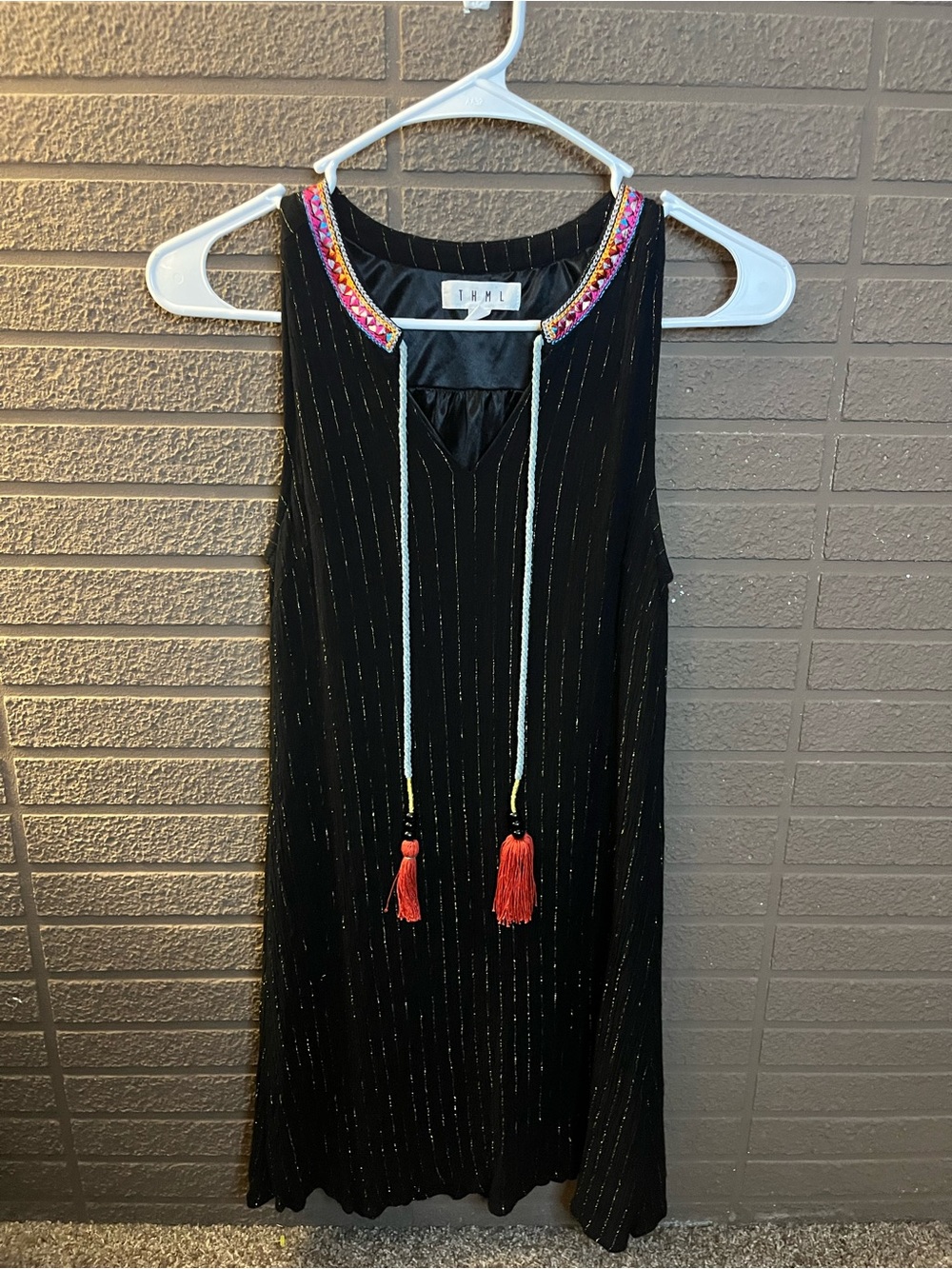 THML Black Shift Dress with Beaded Neckline and Cream Tassels